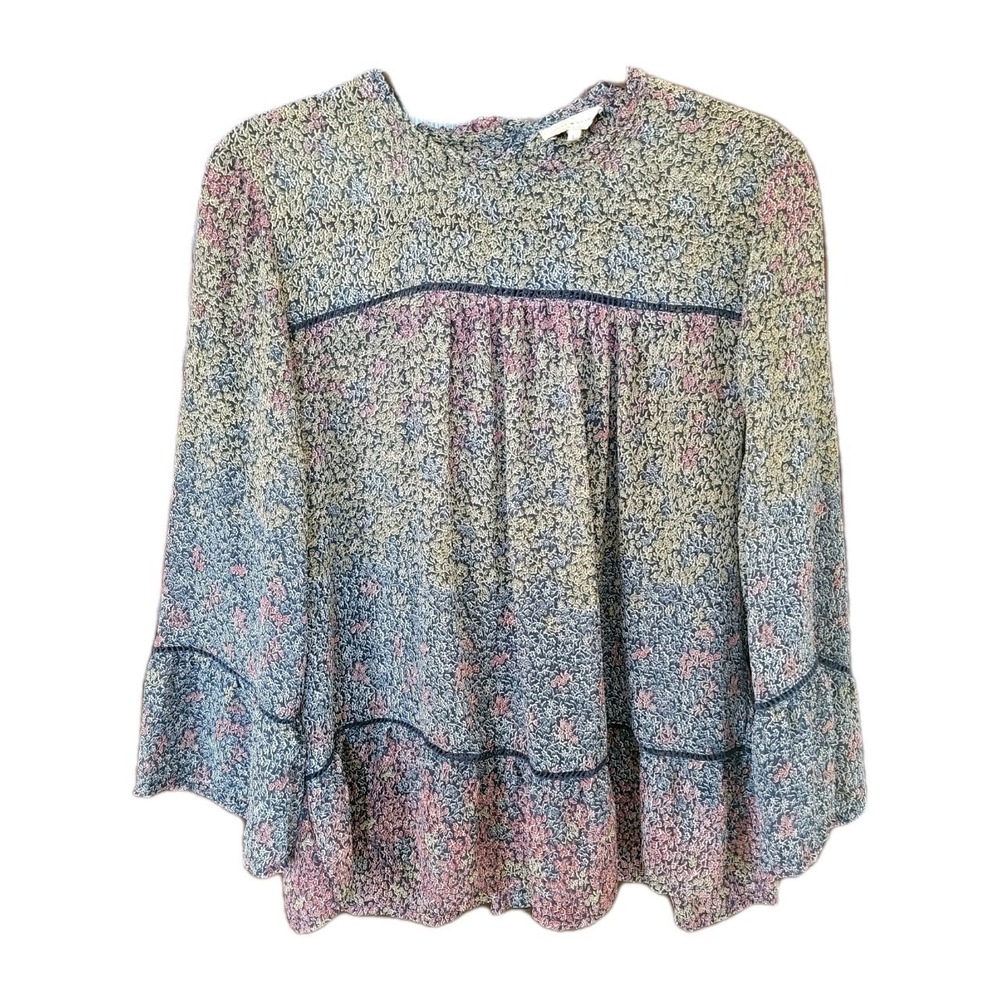 Lucky Brand Boho Sheer Floral Blouse  Ruffle Prairie Back Button Romantic‎ Sz L